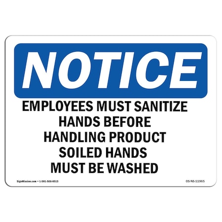 OSHA Notice Sign, Employees Must Sanitize Hands Before Handling, 5in X 3.5in Decal